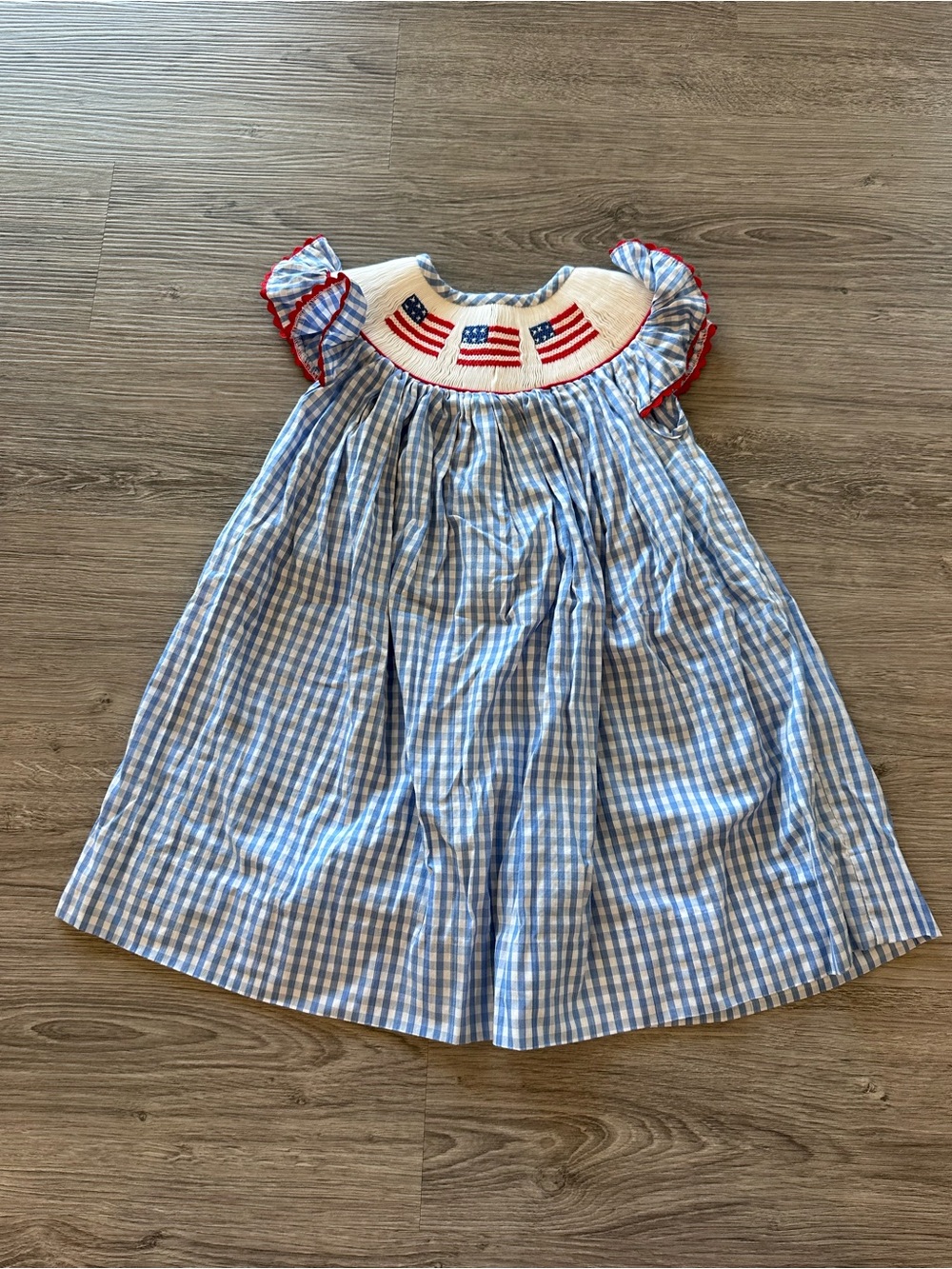 Blue Gingham Smocked Kids Dress with Flags - EUC - 18 Months